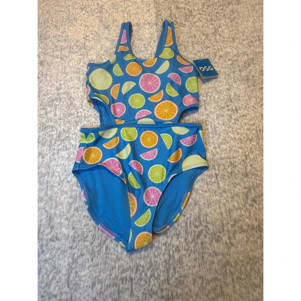 DSG Girls One Piece‎ Swimsuit Cut Outs Citrus Blue Size L Main squeeze nwt